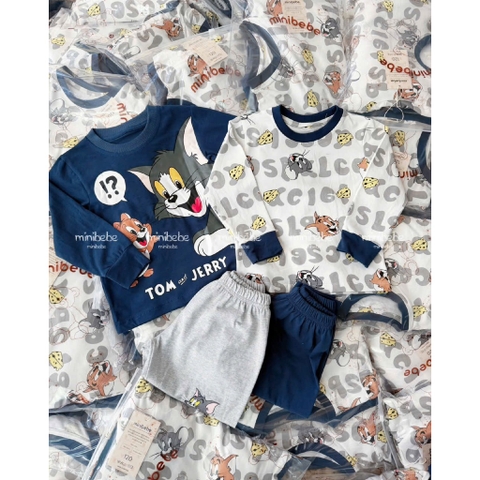 BT1017- Combo 2 bộ thun dài tay mèo Tom xanh trắng  chuẩn Minibebe