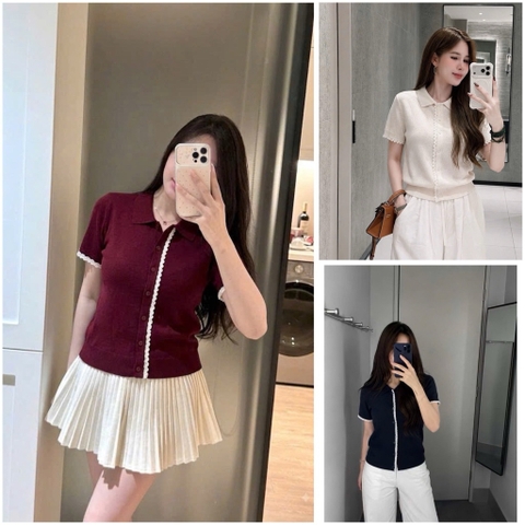 A625-Áo len  dệt kim màu xanh than phối ren Cộc tay cá hàng nhà máy đủ tem