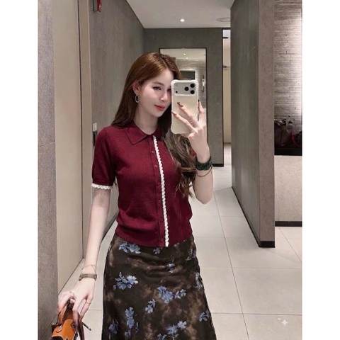 A625-Áo len  dệt kim màu xanh than phối ren Cộc tay cá hàng nhà máy đủ tem