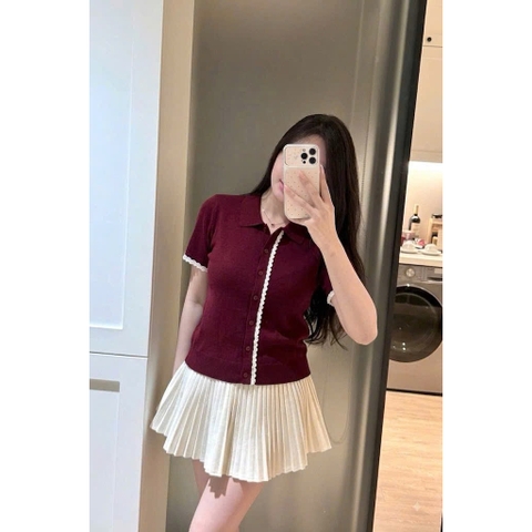 A625-Áo len  dệt kim màu xanh than phối ren Cộc tay cá hàng nhà máy đủ tem