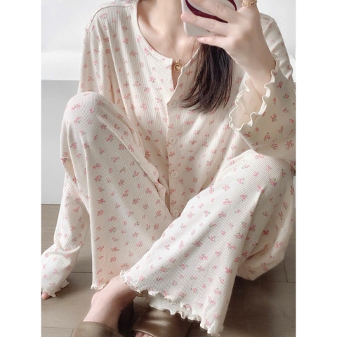 set658- Set tăm xanh hoa hồng dài tay thu đông