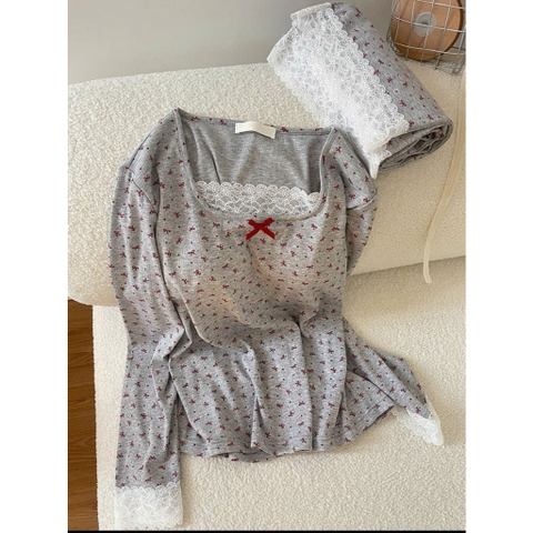 set658- Set tăm xanh hoa hồng dài tay thu đông