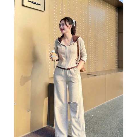 Set776- Bộ nỉ haida dài tay áo khoá kéo khoá phối quần dài có mũ