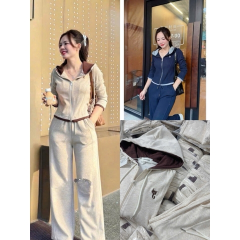 Set776- Bộ nỉ haida dài tay áo khoá kéo khoá phối quần dài có mũ