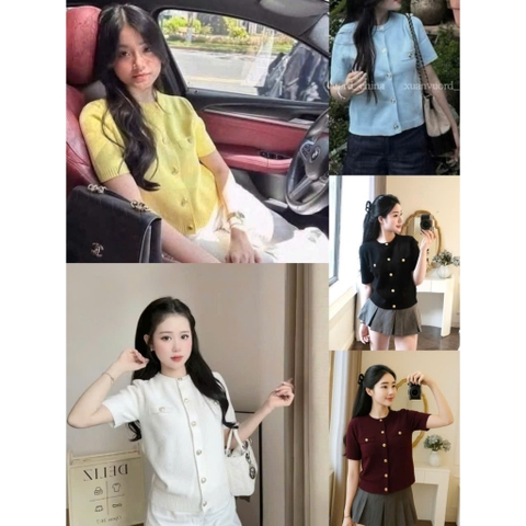 A409-Áo len dệt kim cộc tay đen cúc đồng