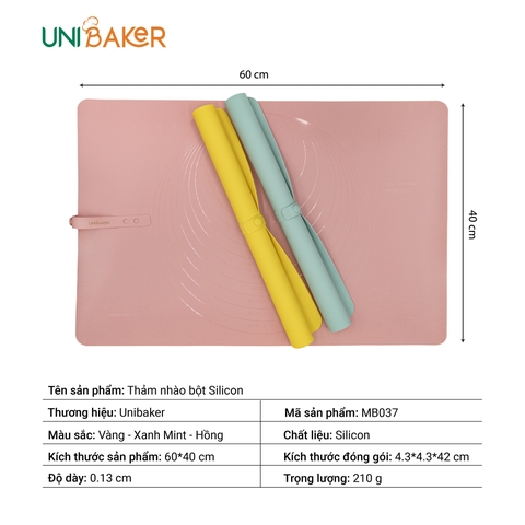 Unibaker - Thảm nhào bột silicon MB037 (40x60cm vàng-xanh-hồng)