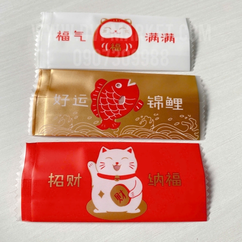 Túi hàn kẹo nougat 4x9cm Thần Tài 3 màu đỏ vàng trắng (Xấp 100)