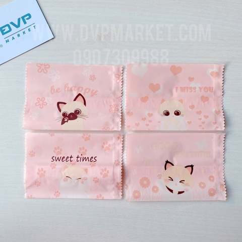 Túi hàn bánh quy - kẹo 7x10cm mèo con nền hồng (Xấp 100)