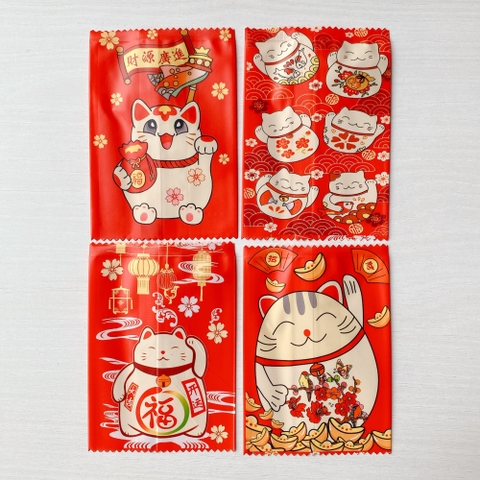 Túi hàn bánh quy - kẹo 7x10cm mèo thần tài đỏ (Xấp 100)