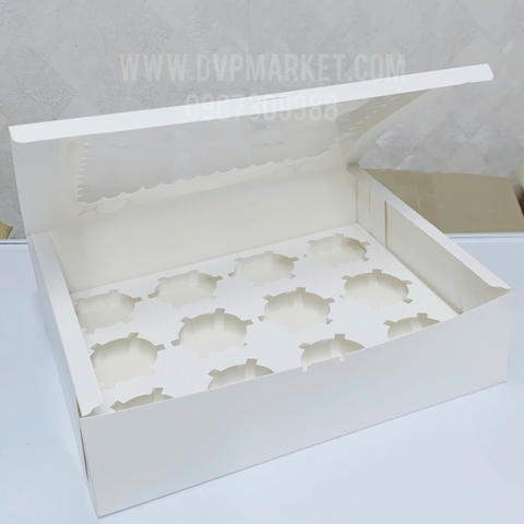 Set 5 - Hộp đựng bánh cupcake - 12 bánh - Mở nắp (Trắng)