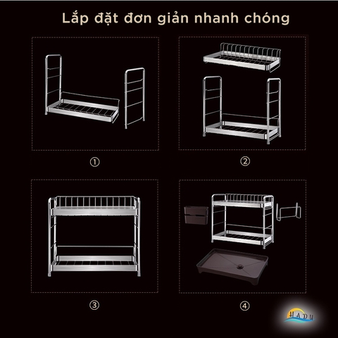 Kệ Úp Bát Đĩa 2 Tầng Inox 304 SSGP, Van Thoát Nước Xoay 360°, Kèm Giá Đựng Đũa, Thớt, Đạt Chất Lượng LFGB Đức