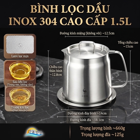 Bình Ca Lọc Dầu Ăn Inox 304 Cao Cấp Có Khay Hứng Tiện Lợi Đạt Chất Lượng LFGB SSGP