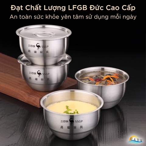 Bát Inox 304 Kiểu Hàn Quốc Có Nắp, 12cm (500ml), Dùng Hấp Trứng, Đạt Chất Lượng LFGB Đức SSGP