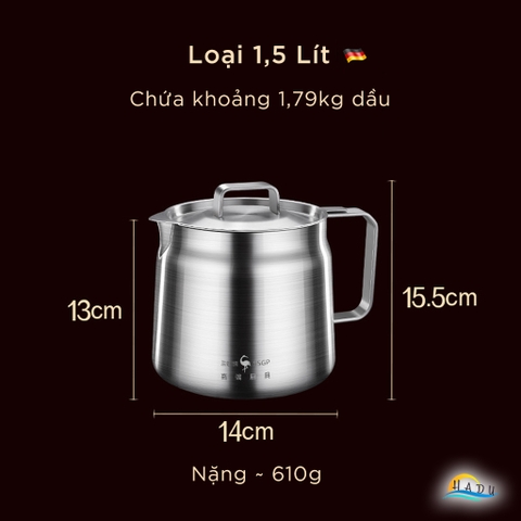Bình Lọc Dầu Ăn Inox 304 SSGP, Kèm Lưới Lọc Mịn, Vòi Rót, Đạt Chất Lượng LFGB Đức