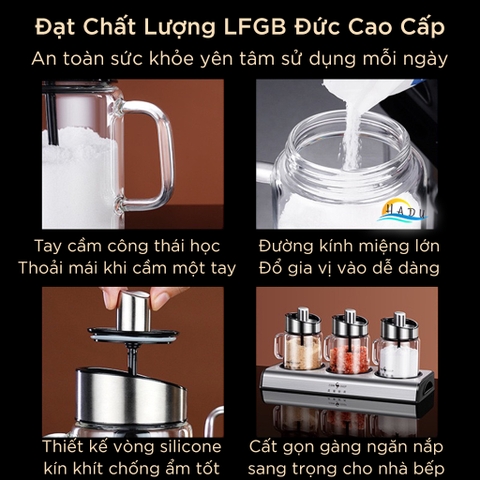 Bộ 3 Hũ Đựng Gia Vị Thủy Tinh SSGP, Nắp Kèm Thìa Inox 304, Chống Ẩm, Có Khay, Đạt Chất Lượng LFGB Đức