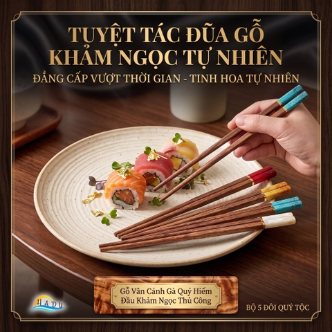 [5 Đôi] Đũa Ăn Cơm Gỗ Tự Nhiên Cánh Gà Cao Cấp Khảm Ngọc Thạch Sang Trọng Chống Ẩm Mốc HADU