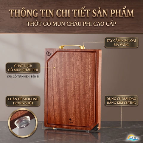 Thớt Gỗ Mun Cao Cấp Nguyên Khối Không Sơn Ghép Phân Biệt Sống Chín Đạt Chất Lượng LFGB Đức SSGP
