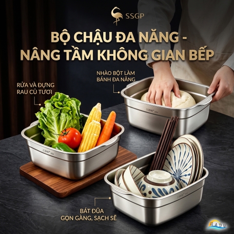 Bộ Thau Rổ Inox 304 Cao Cấp Hình Vuông Thiết Kế 2 Lớp Đa Năng Rửa Rau Củ Quả SSGP
