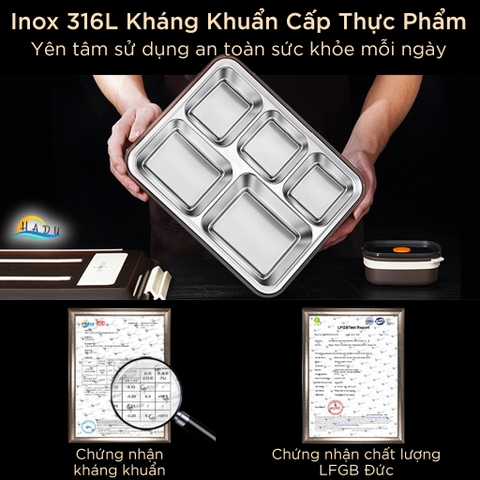 Hộp Cơm Inox 316L Dùng Lò Vi Sóng SSGP, 2.18L, 4 Ngăn Kèm Hộp Canh, Chống Tràn, Đạt Chất Lượng LFGB Đức