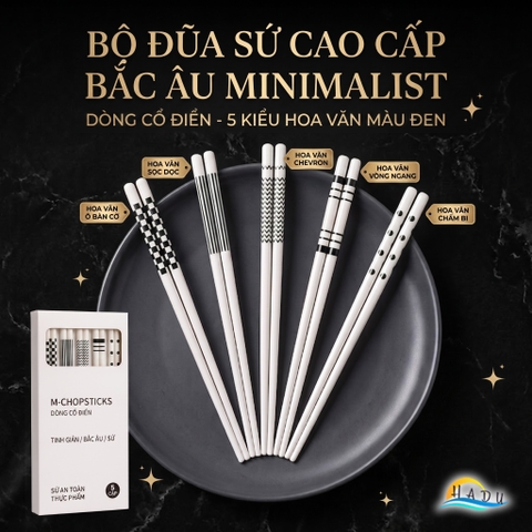 Bộ 5 Đôi Đũa Gốm Sứ HADU Cao Cấp, Chịu Nhiệt, Dùng Cho Máy Rửa Bát, 24.5cm
