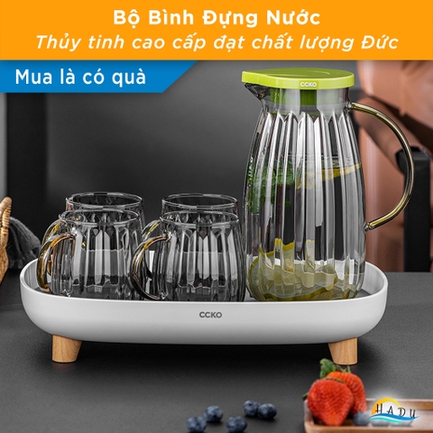 Bộ Bình và Cốc Thủy Tinh CCKO, Bình 1.8L Nắp Tự Động, Chịu Nhiệt, Nhiều Màu
