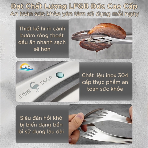 Kẹp Gắp Thức Ăn SSGP Inox và Silicone, Thoát Dầu, Chịu Nhiệt, 23cm, Đạt Chất Lượng LFGB Đức
