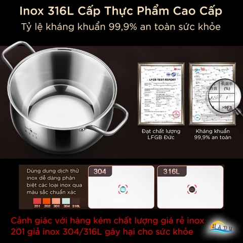 Nồi Hầm Inox 316L SSGP Đáy 5 Lớp, 22cm, 24cm, Kháng Khuẩn, Đạt Chất Lượng LFGB Đức