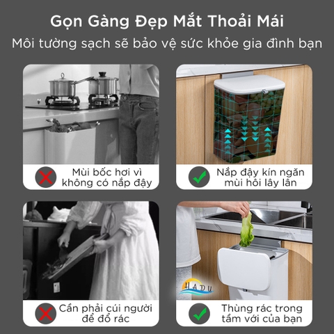 Thùng Rác Treo Tủ Bếp CCKO 7L 9L, Nắp Ngăn Mùi, 2 Chế Độ Mở (Trượt & Lật)