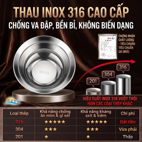 Thau Bát Tô Chậu Inox 316 Cao Cấp Chống Trào Đa Năng Dày Dặn Dùng Được Bếp Từ Bếp Gas SSGP