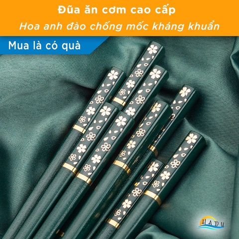 Bộ 5 Đôi Đũa Sợi Thủy Tinh HADU Họa Tiết Hoa Anh Đào, Kháng Khuẩn, Chống Trơn, 24.3cm, Màu Xanh Bắc Âu