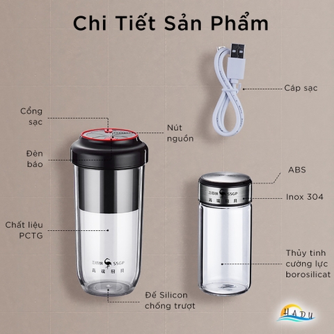 Máy Xay Sinh Tố Cầm Tay Mini – Động Cơ Mạnh Mẽ, Pin 2400mAh, Ly Thủy Tinh Borosilicat Cao Cấp, An Toàn LFGB Đức SSGP