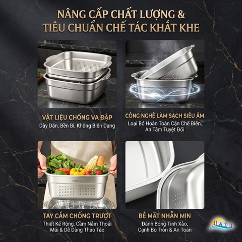 Bộ Thau Rổ Inox 304 Cao Cấp Hình Vuông Thiết Kế 2 Lớp Đa Năng Rửa Rau Củ Quả SSGP