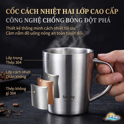 Cốc Ly Inox 304 Giữ Nhiệt 2 Lớp Cao Cấp Chống Nóng Có Tay Cầm Cao Cấp 200ml 260ml Snainy