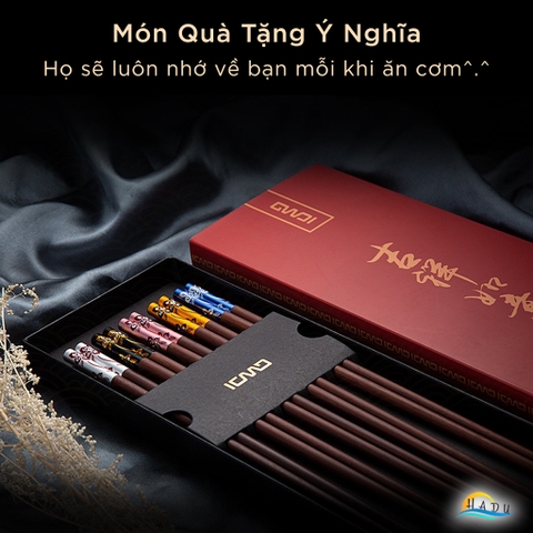 Bộ 10 Đôi Đũa Gỗ Đàn Hương Đỏ HADU, Đầu Hợp Kim Nhôm, Chống Mốc, Dài 24.3cm