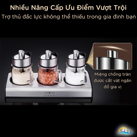 Bộ 3 Hũ Đựng Gia Vị Thủy Tinh SSGP, Nắp Kèm Thìa Inox 304, Chống Ẩm, Có Khay, Đạt Chất Lượng LFGB Đức