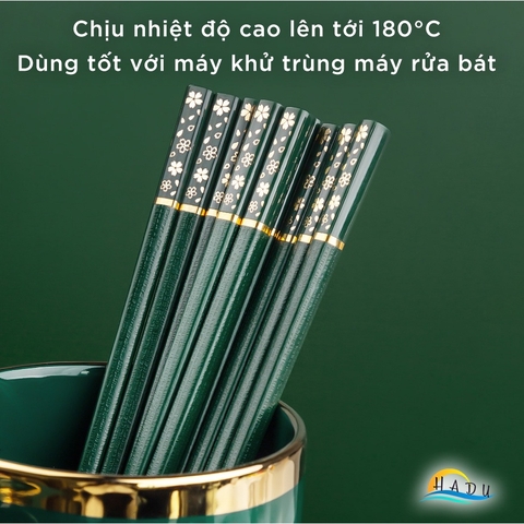 Bộ 5 Đôi Đũa Sợi Thủy Tinh HADU Họa Tiết Hoa Anh Đào, Kháng Khuẩn, Chống Trơn, 24.3cm, Màu Xanh Bắc Âu
