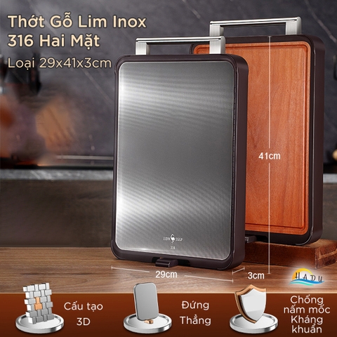 Thớt 2 Mặt SSGP Inox 316 và Gỗ Lim Kháng Khuẩn, 29x41x3cm, 32x45x3cm Đạt Chất Lượng LFGB Đức