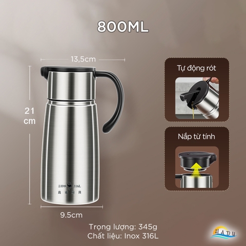 Chai Đựng Dầu Ăn Inox 316L SSGP 800ml, Nắp Từ Tính Thông Minh, Đạt Chất Lượng LFGB Đức
