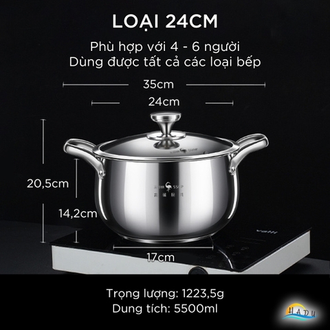 Nồi Hầm Inox 316L SSGP Đáy 5 Lớp, 22cm, 24cm, Kháng Khuẩn, Đạt Chất Lượng LFGB Đức