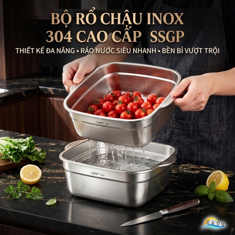 Bộ Thau Rổ Inox 304 Cao Cấp Hình Vuông Thiết Kế 2 Lớp Đa Năng Rửa Rau Củ Quả SSGP