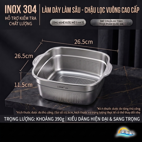 Bộ Thau Rổ Inox 304 Cao Cấp Hình Vuông Thiết Kế 2 Lớp Đa Năng Rửa Rau Củ Quả SSGP