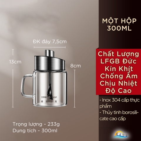 Bộ 3 Hũ Đựng Gia Vị Thủy Tinh SSGP, Nắp Kèm Thìa Inox 304, Chống Ẩm, Có Khay, Đạt Chất Lượng LFGB Đức