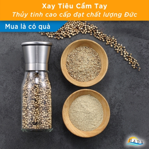Cối Xay Tiêu Cầm Tay CCKO, Lõi Gốm, Điều Chỉnh Độ Mịn, Thân Thủy Tinh, Size Nhỏ 15.5cm