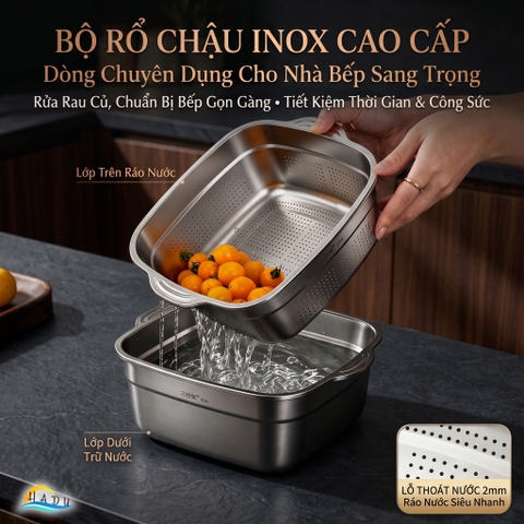 Bộ Thau Rổ Inox 304 Cao Cấp Hình Vuông Thiết Kế 2 Lớp Đa Năng Rửa Rau Củ Quả SSGP