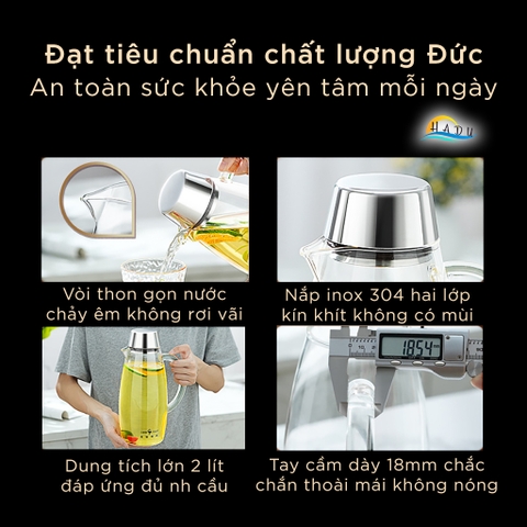 Bình Thủy Tinh Chịu Nhiệt SSGP 2L, Đun Được Trên Bếp Ga & Bếp Điện, Borosilicate, Nắp Inox 304, Đạt Chất Lượng LFGB Đức