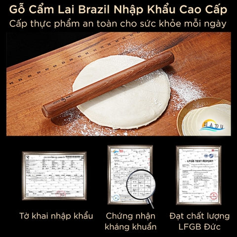 Cây Lăn Bột Gỗ Cẩm Lai SSGP, Dài 30cm, Chống Dính Tự Nhiên, Đạt Chất Lượng LFGB Đức