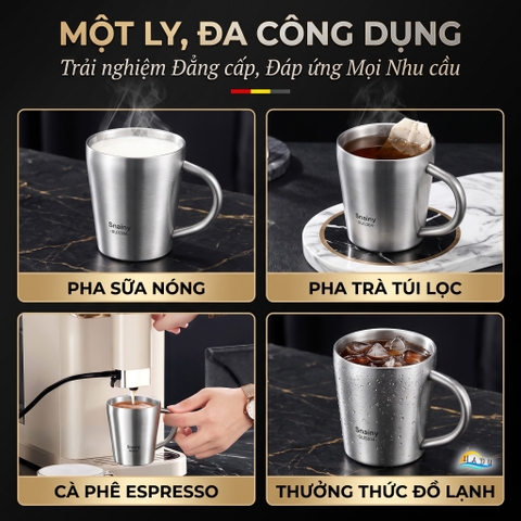 Cốc Ly Inox 304 Giữ Nhiệt 2 Lớp Cao Cấp Chống Nóng Có Tay Cầm Cao Cấp 200ml 260ml Snainy