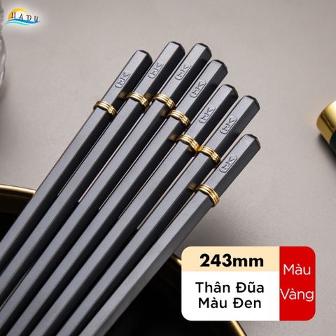 Đũa Ăn Cơm Kiểu Nhật Bản Cao Cấp HADU - Màu Đen Sang Trọng, Viền Kim Loại "King Of Ring", Chống Mốc, Chịu Nhiệt 120°C