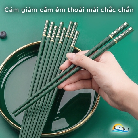 Bộ 5 Đôi Đũa Sợi Thủy Tinh HADU Họa Tiết Hoa Anh Đào, Kháng Khuẩn, Chống Trơn, 24.3cm, Màu Xanh Bắc Âu