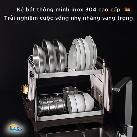 Kệ Úp Bát Đĩa 2 Tầng Inox 304 SSGP, Van Thoát Nước Xoay 360°, Kèm Giá Đựng Đũa, Thớt, Đạt Chất Lượng LFGB Đức